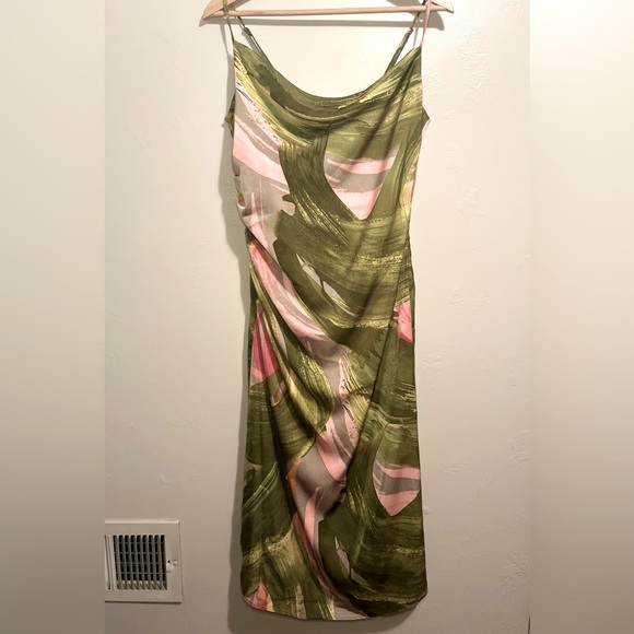 BCBG New York Women's Green and Pink Satin Midi Dress with Cowl Neckline Size M - Picture 1 of 17